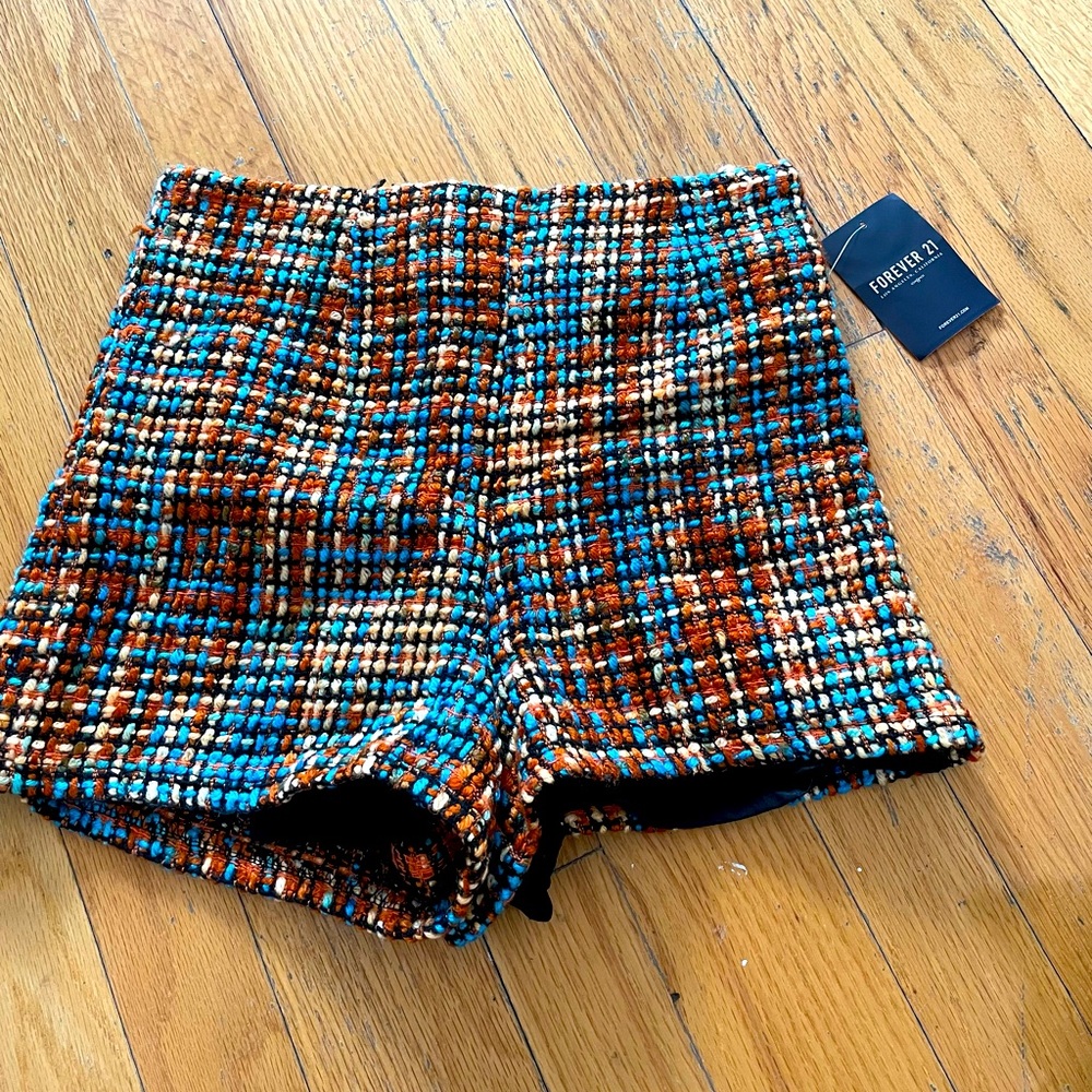 Blue and orange high waisted tweed shorts